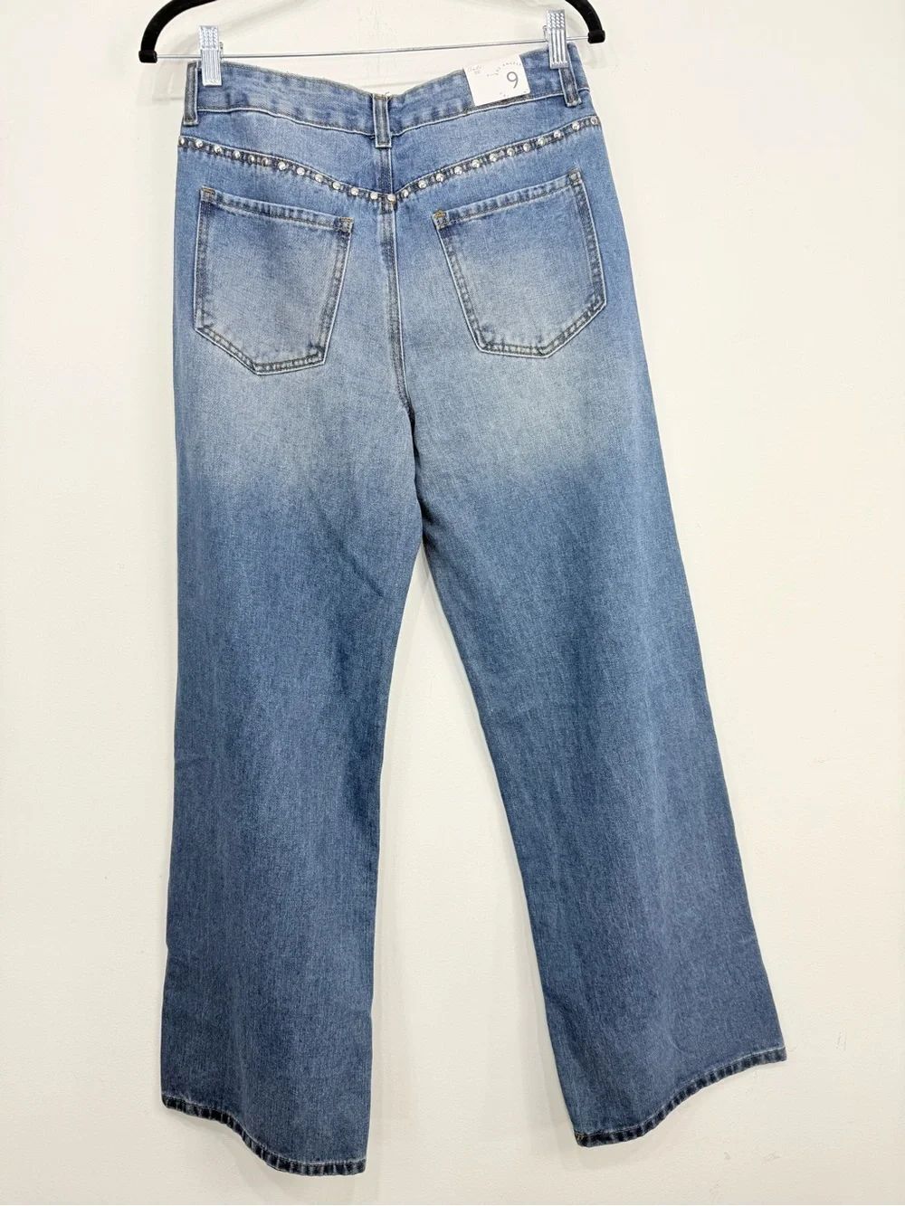 Cali 1850 Blue Medium Wash Silver Studded Wide Leg High Rise Denim Jeans NEW - Picture 8 of 16